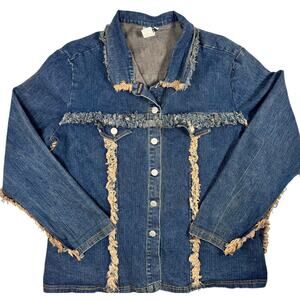 Y2K Boho Frayed Denim Jacket XL Distressed Button Front Dating USA